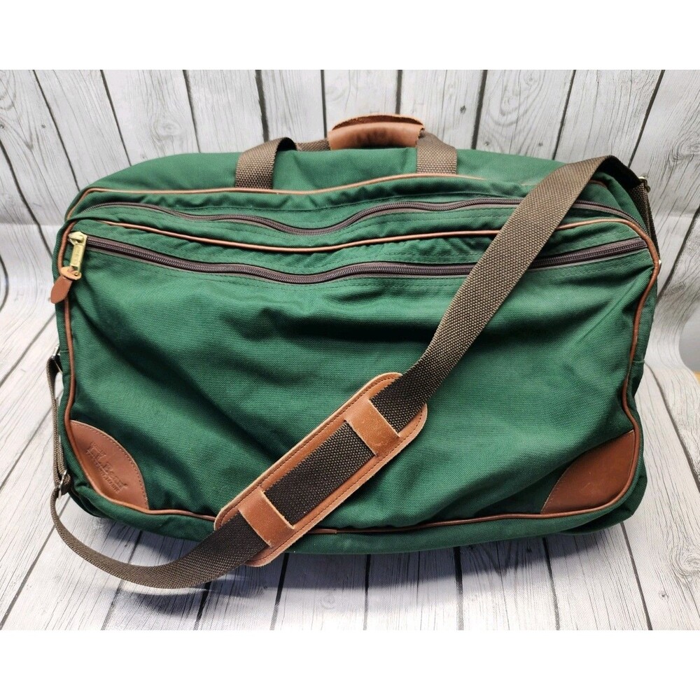 Vtg L.L. Bean Forest Green Canvas Duffle Bag Leather Trim Brass Hardware Travel